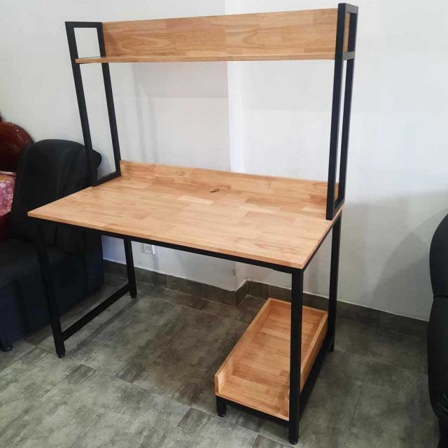 Bàn máy tính liền kệ sách 120x60x150cm gỗ cao su khung sắt FD68063
