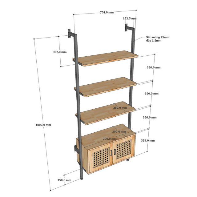 Kệ sách áp tường có tủ 208x28x180cm gỗ cao su KS68270