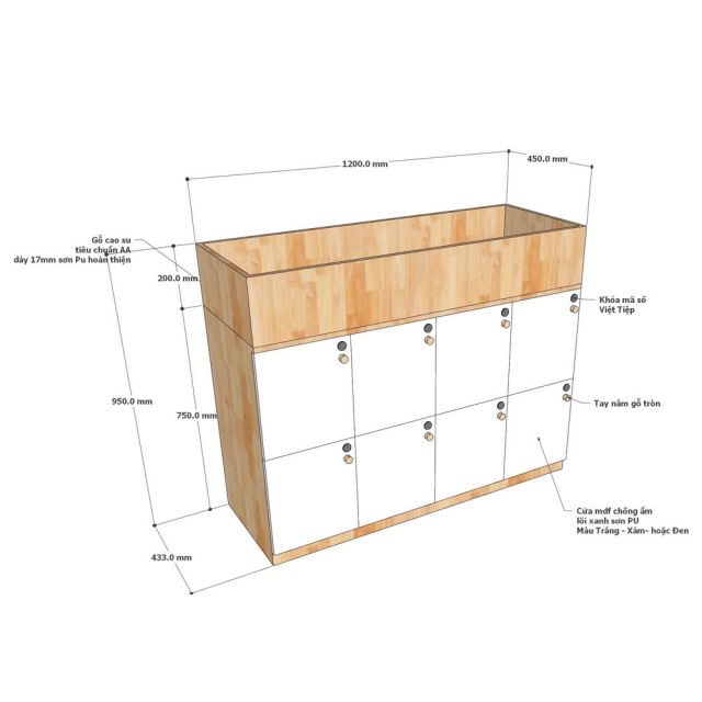 Tủ Locker 8 ngăn khóa số 120x45x75cm gỗ cao su THSL004