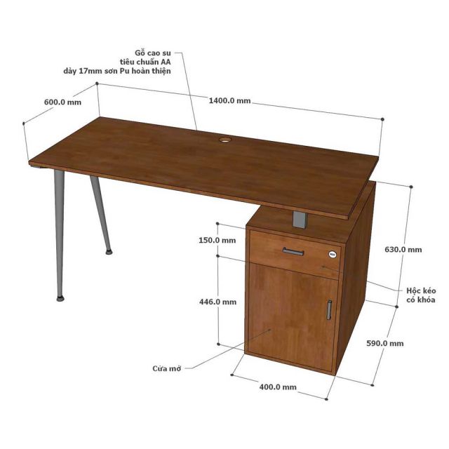 Bàn làm việc gác tủ 140x60cm gỗ cao su hệ CONE HBCO066