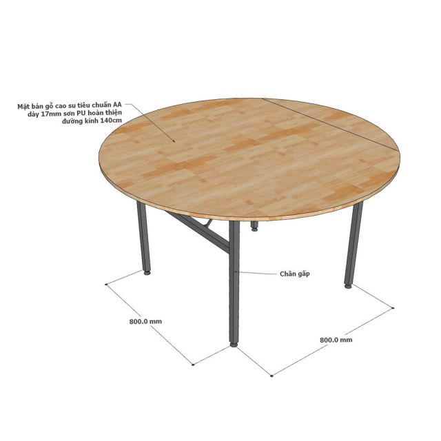 Bàn nhà hàng gấp gọn đk 140cm gỗ cao su BNH001