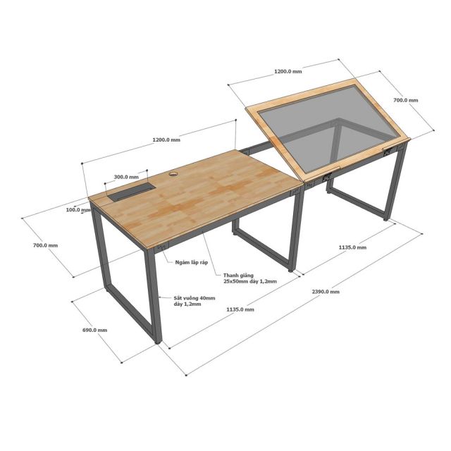 Bàn vẽ kỹ thuật DraftingDesk 240x60cm gỗ cao su chân sắt DD68012