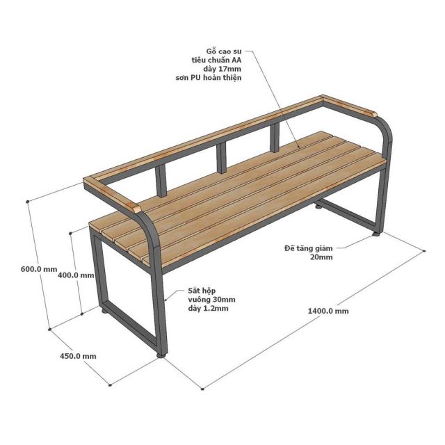 Ghế băng dài 140x45x60cm gỗ cao su GBD038