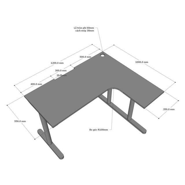 Bàn làm việc chữ L 120x100cm gỗ cao su hệ TIO HBTO025