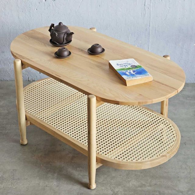 Bàn sofa hình Oval 2 tầng gỗ tần bì TT68263