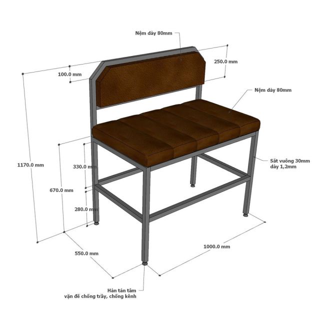 Ghế băng bọc nệm 100x55x117cm khung sắt GBD046