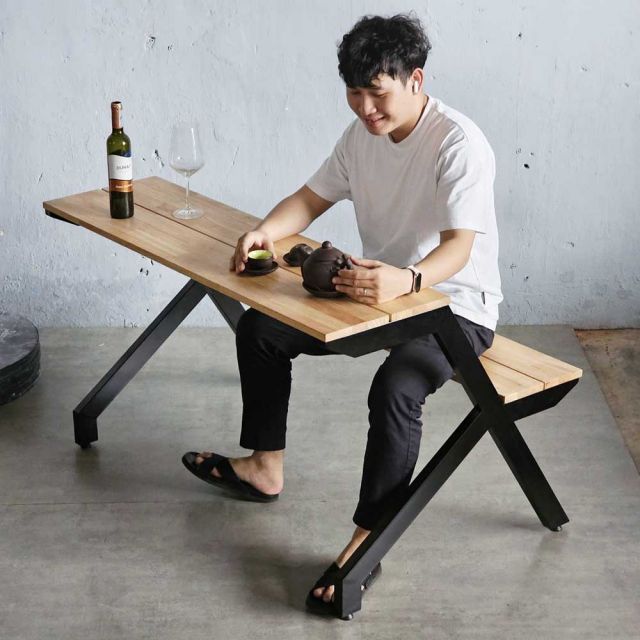 Combo 2 ghế băng liền bàn gỗ cao su 4 người ngồi GBD043