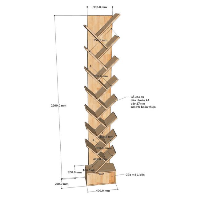 Kệ sách hình cây 40x20x220cm gỗ cao su KS68275