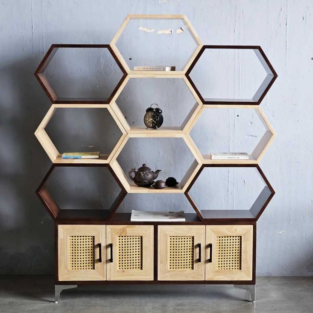 Kệ tổ ong có ngăn tủ 130x25x147cm gỗ cao su KS68282