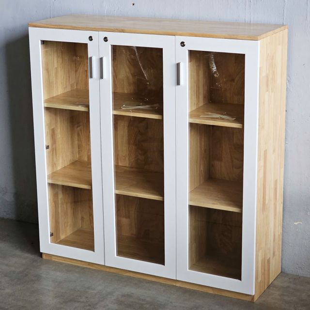 Tủ hồ sơ 3 tầng cửa kính gỗ cao su THS68036
