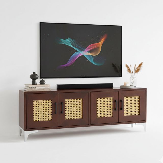 Tủ TV cửa lưới mắt cáo 120x25x55cm gỗ cao su KTV68115