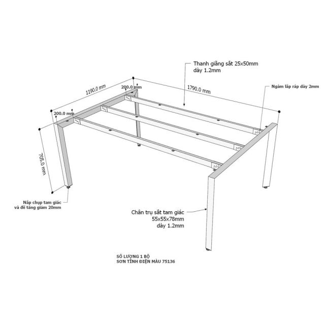 Chân sắt lắp ráp cho bàn 180x120cm hệ Trian HCTA023