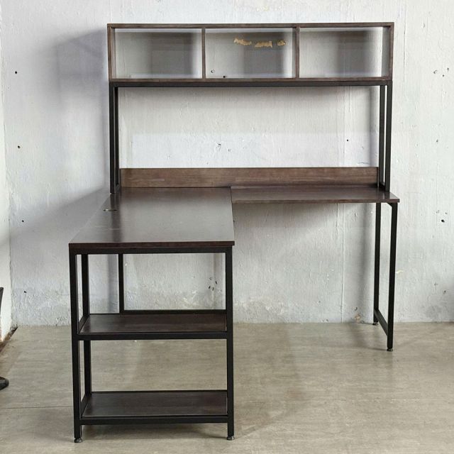 Bàn làm việc góc chữ L kết hợp kệ gỗ cao su chân sắt lắp ráp 160x140cm - CD68033