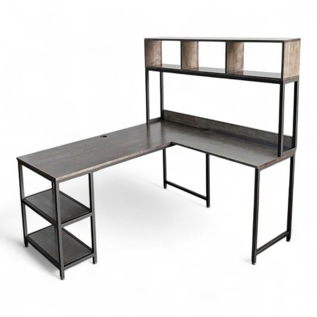 Bàn làm việc góc chữ L kết hợp kệ gỗ cao su chân sắt lắp ráp 160x140cm - CD68033