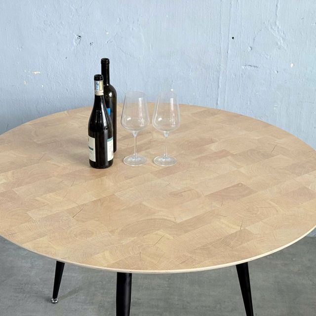 Bàn tròn 120cm gỗ Plywood vân Cut Trunk chân sắt côn - BA68213