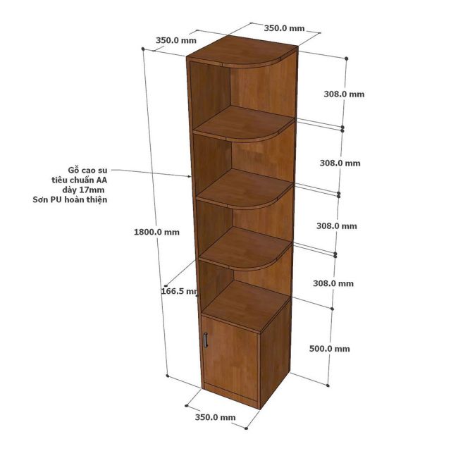 Kệ góc tường gỗ cao su 35x35x180cm - KGT68036