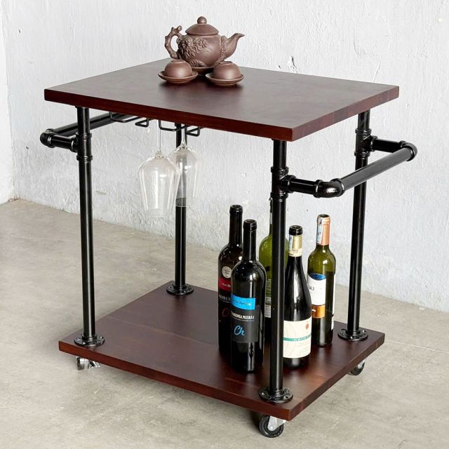 Xe đẩy 2 tầng ống nước sắt kết hợp gỗ tràm 60x45x65cm - PPF004