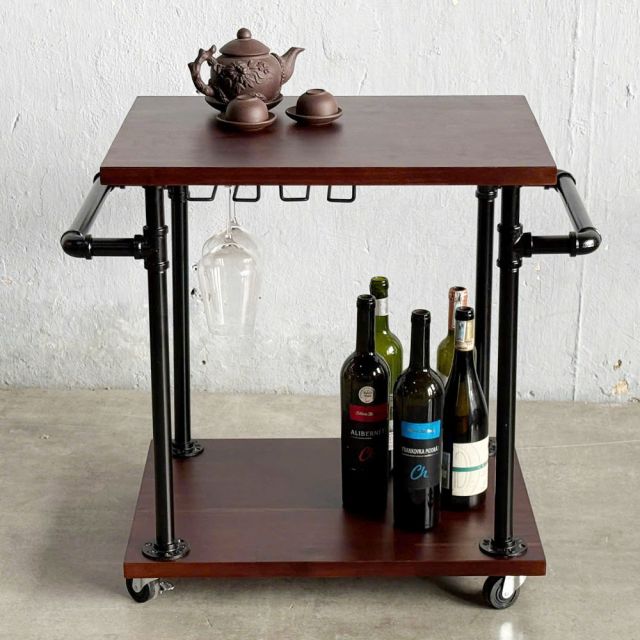 Xe đẩy 2 tầng ống nước sắt kết hợp gỗ tràm 60x45x65cm - PPF004