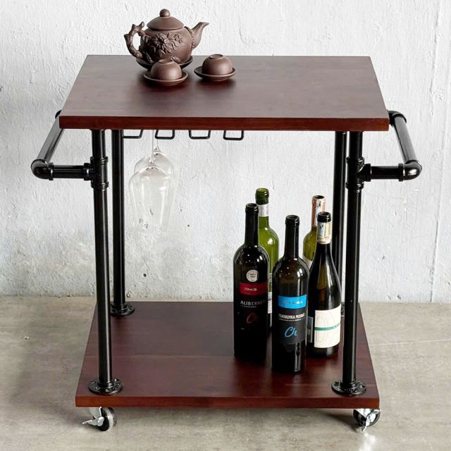 Xe đẩy 2 tầng ống nước sắt kết hợp gỗ tràm 60x45x65cm - PPF004