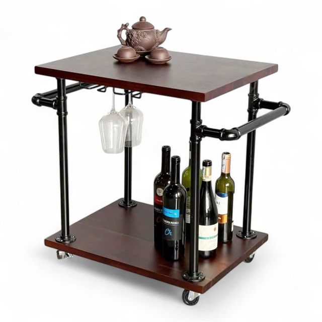 Xe đẩy 2 tầng ống nước sắt kết hợp gỗ tràm 60x45x65cm - PPF004