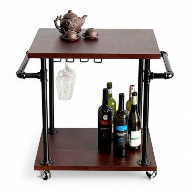 Xe đẩy 2 tầng ống nước sắt kết hợp gỗ tràm 60x45x65cm - PPF004