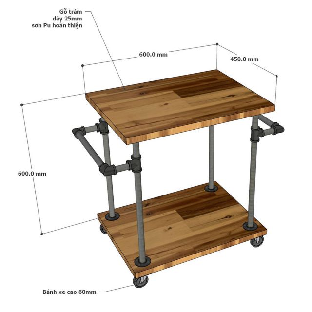 Xe đẩy 2 tầng ống nước sắt kết hợp gỗ tràm 60x45x65cm - PPF004