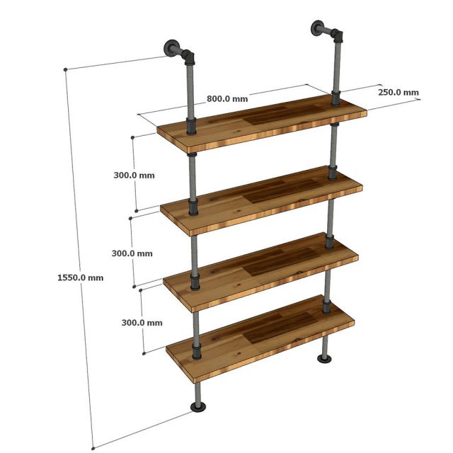 Kệ ống nước sắt 4 tầng gỗ tràm treo áp tường 80x25x155cm  - PPF007