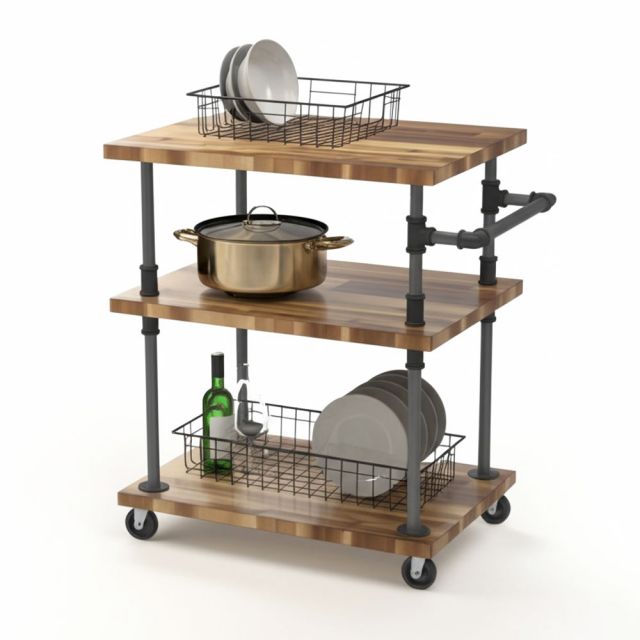 Xe đẩy 3 tầng ống nước sắt kết hợp gỗ tràm 60x45x80cm - PPF005