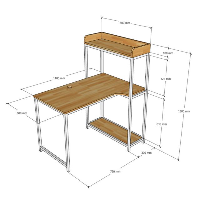 Bàn góc L liền kệ 110x80x130cm gỗ cao su CD68034