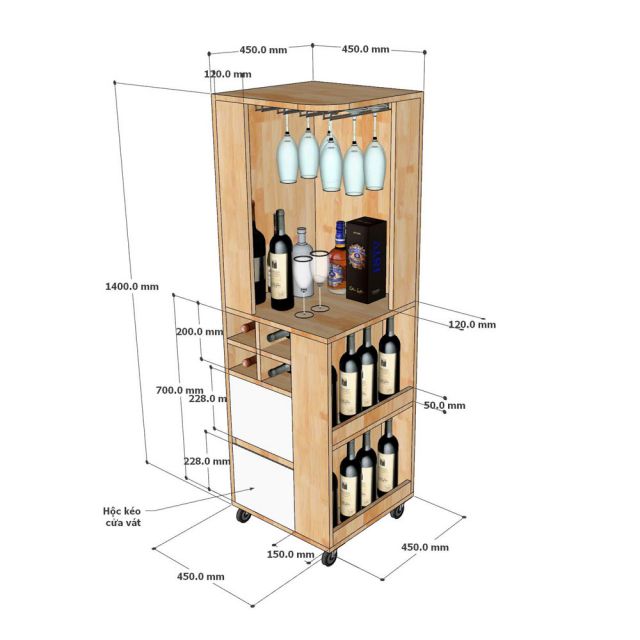 Tủ rượu góc tường di động 45x45x140cm gỗ cao su KGT68036