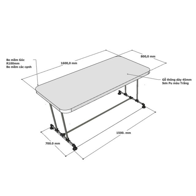 Bàn ăn chữ nhật 160x80cm gỗ thông chân ống nước PPF015