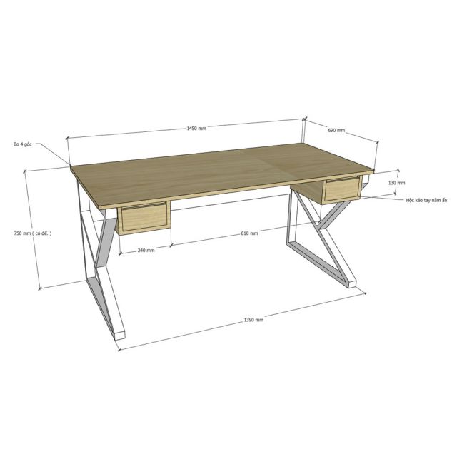 Bàn làm việc có ngăn kéo 140x70cm gỗ plywood chân chữ K BD68140