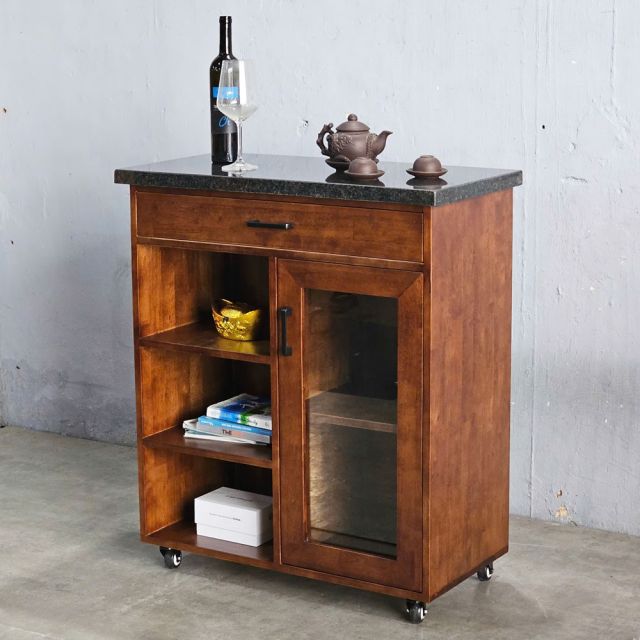 Bàn đảo bếp di động 80x40x85cm gỗ cao su mặt đá KISL004