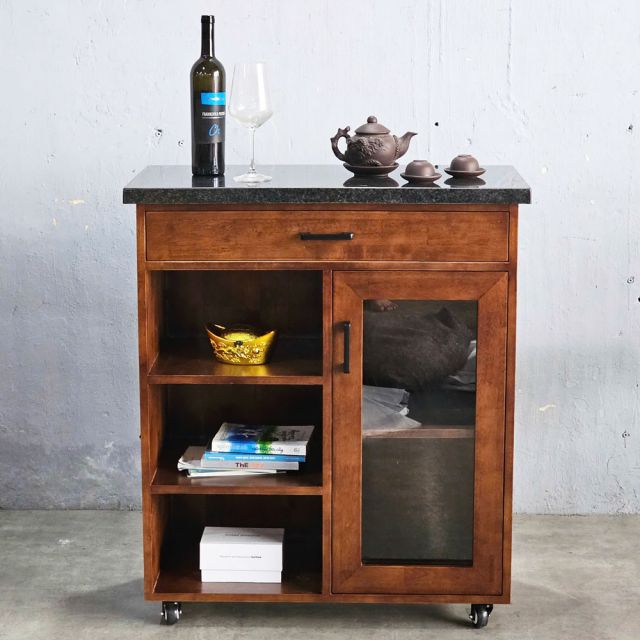 Bàn đảo bếp di động 80x40x85cm gỗ cao su mặt đá KISL004