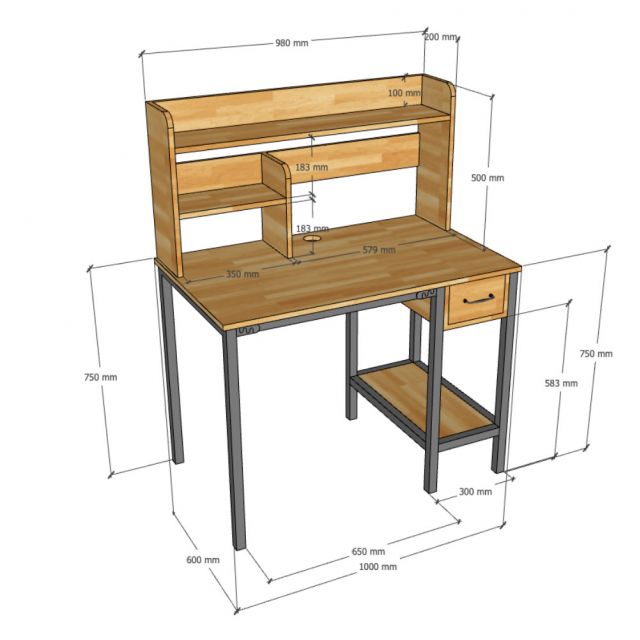 Bàn học liền kệ sách 100x60x125cm gỗ cao su FD68071