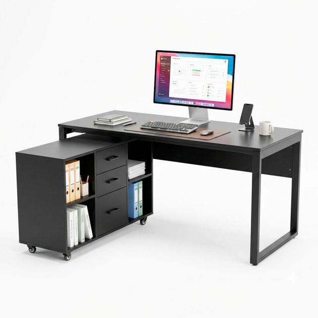 Bàn giám đốc có tủ di động 160x70cm gỗ cao su HBRT106