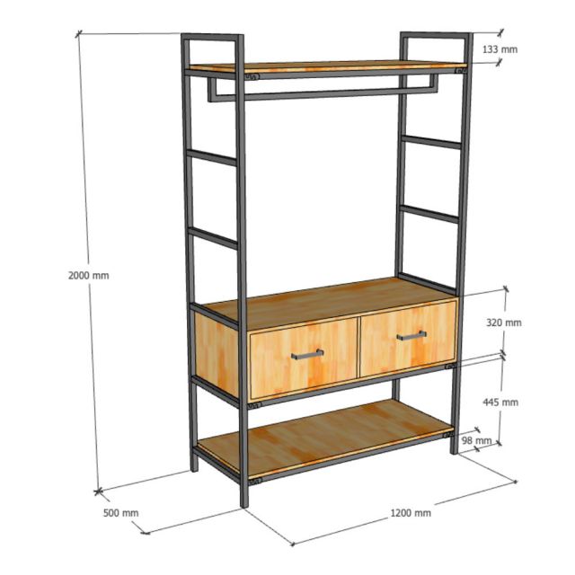 Tủ quần áo 120x50x200cm gỗ cao su KQA68066
