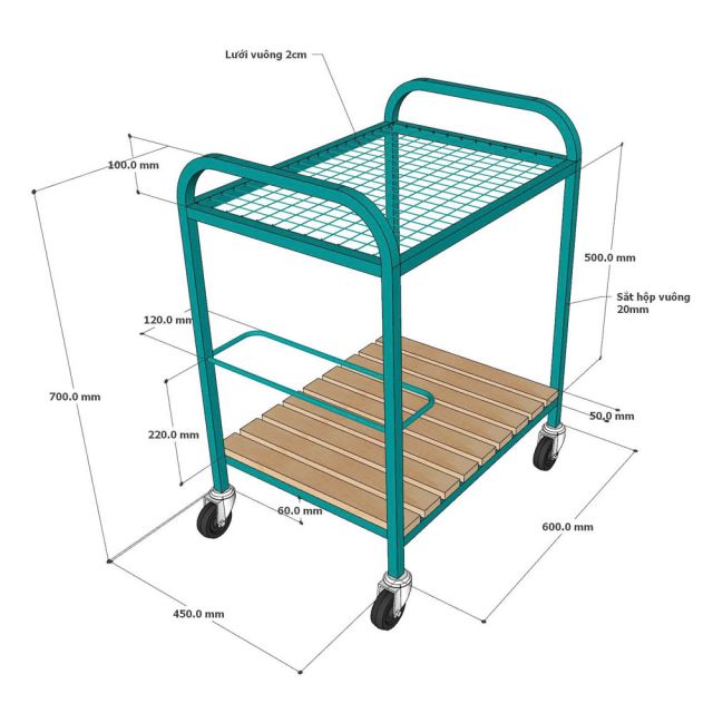 Xe đẩy rượu trà 60x45x85cm khung sắt gỗ cao su KB68055
