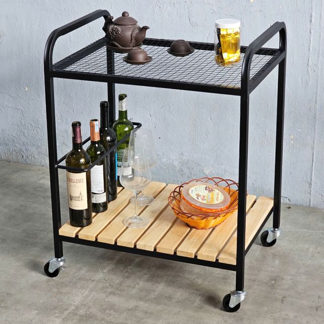 Xe đẩy rượu trà 60x45x85cm khung sắt gỗ cao su KB68055