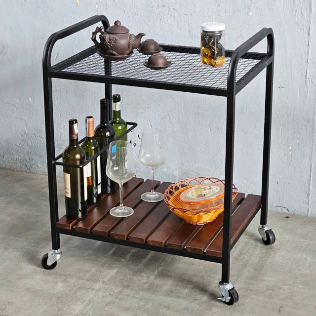 Xe đẩy rượu trà 60x45x85cm khung sắt gỗ cao su KB68055