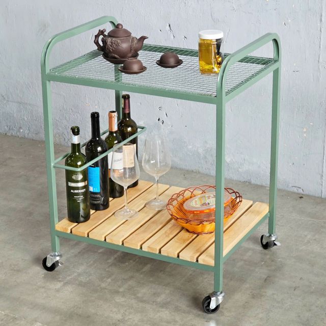 Xe đẩy rượu trà 60x45x85cm khung sắt gỗ cao su KB68055