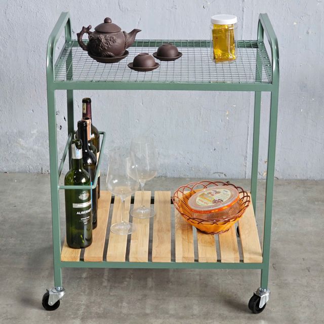 Xe đẩy rượu trà 60x45x85cm khung sắt gỗ cao su KB68055