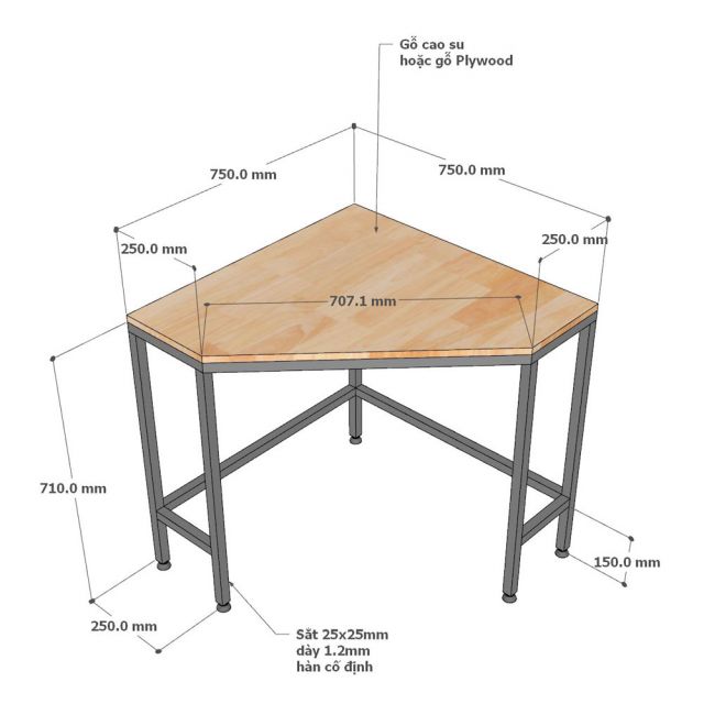 Bàn làm việc góc tường 75x75cm gỗ cao su CD68036