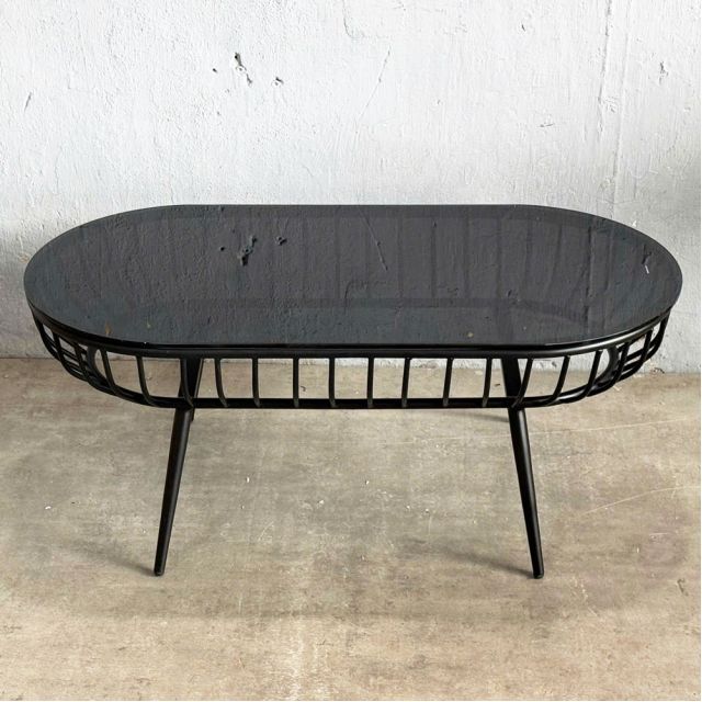 Bàn sofa oval mặt kính khung tròn màu vàng đồng