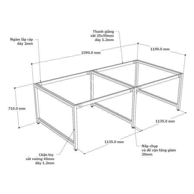 Chân sắt lắp ráp cho bàn cụm 4 chỗ 240x120cm hệ URA HCUR009