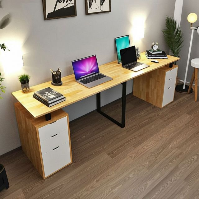 Bàn làm việc cụm 2 chân tủ gỗ tự nhiên chân sắt HBRT073
