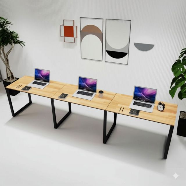Bàn làm việc cụm 3 gỗ cao su hệ Rectang HBRT066