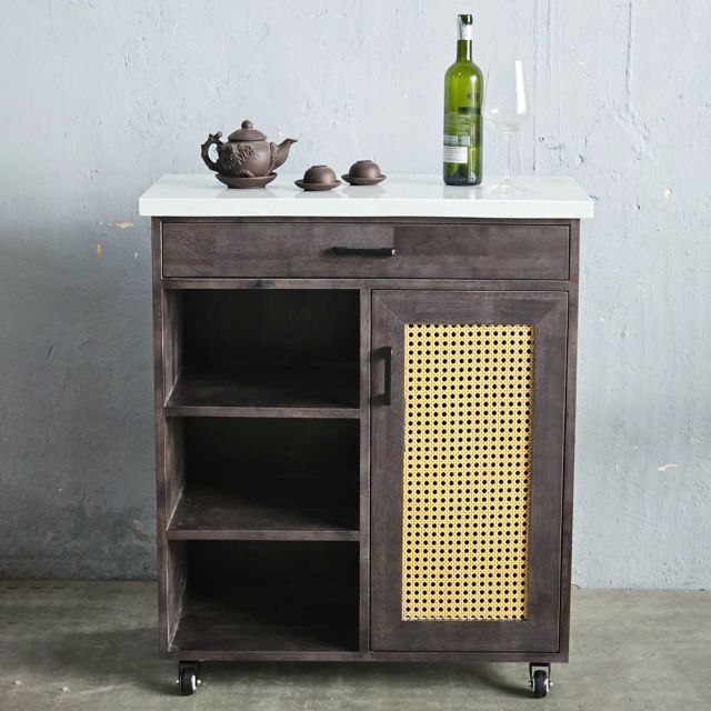 Bàn đảo bếp di động 80x40x85cm gỗ cao su mặt đá KISL005