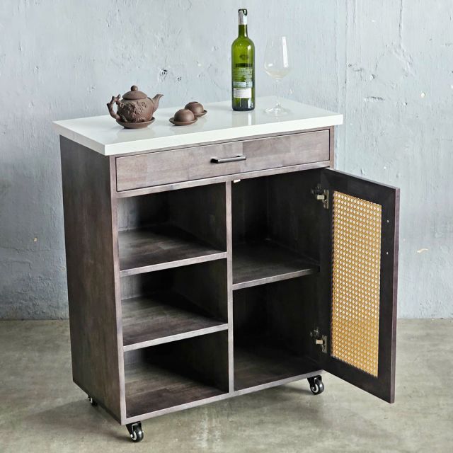 Bàn đảo bếp di động 80x40x85cm gỗ cao su mặt đá KISL005