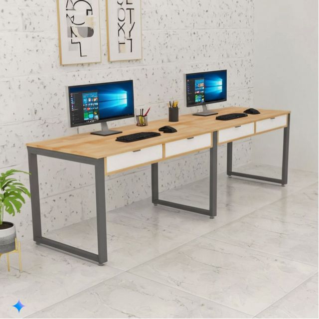 Cụm bàn 2 người có ngăn tủ 220x60cm gỗ cao su hệ Rectang HBRT097